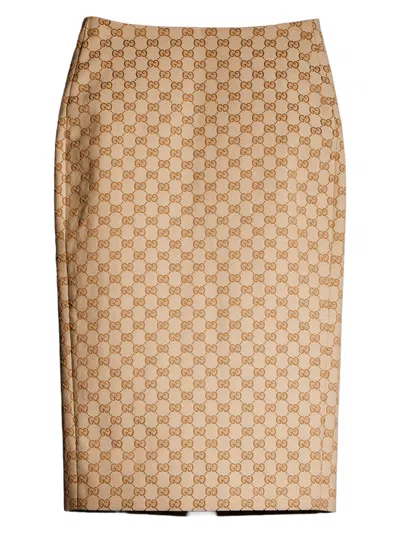 Gucci Sand Stretch Gg Cotton Canvas Unlined Back Vent Skirt In Brown