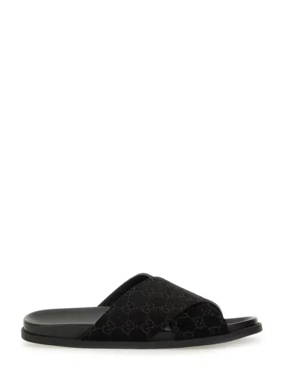 Gucci Sandal Slider With Gg Pattern In Black