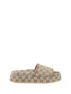 Gucci Women Beige Sandals With Leather Finishes And All-over Gg Motif In Fabric Woman In Brown