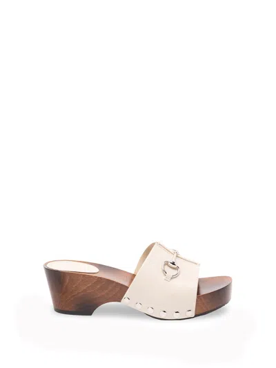 Gucci Horsebit Studded Leather Heeled Mules In Neutral