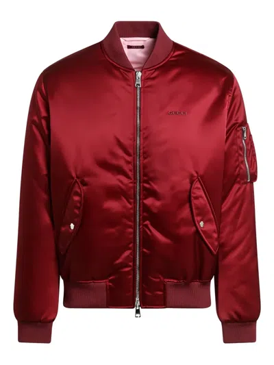 Gucci Padded Nylon Bomber Jacket With Chest Logo In Burgundy