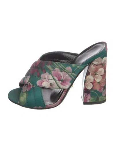 Pre-owned Gucci Satin Floral Print Mules In Green