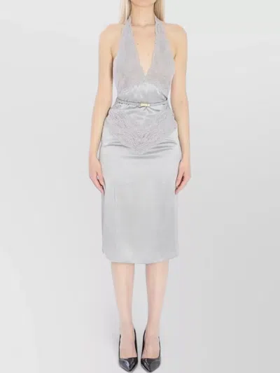 Gucci Satin Midi Dress Halter Neckline Lace In Gray
