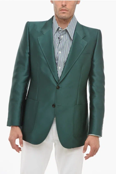 Gucci Satin Slim Fit Blazer With Patch Pockets In Green