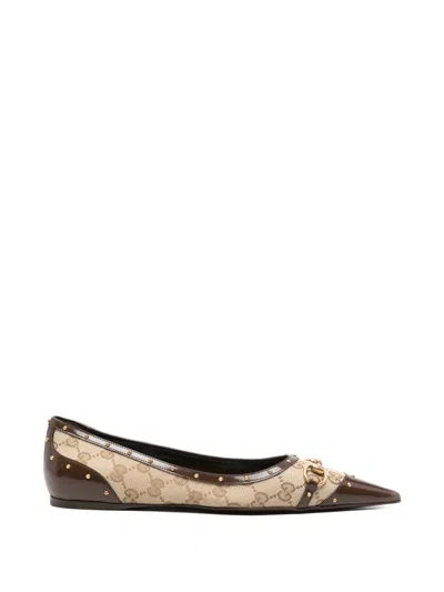 Gucci Savoy Horsebit Leather-trimmed Ballet Flats In Brown