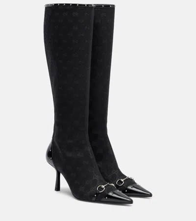 Gucci Savoy Horsebit Gg Canvas Knee-high Boots In Black