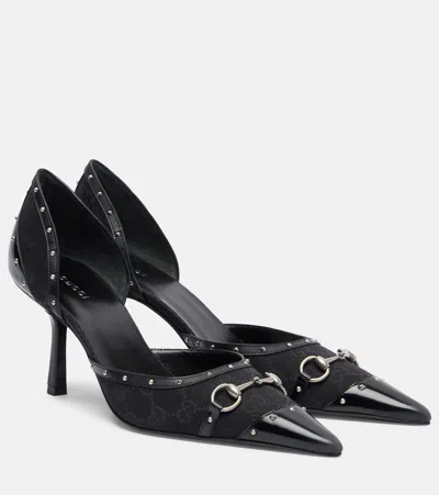 Gucci Savoy Horsebit Gg Canvas Pumps In Black