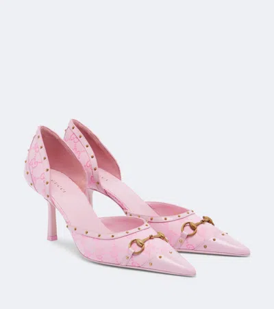 Gucci Savoy Horsebit Gg Canvas Pumps In Pink