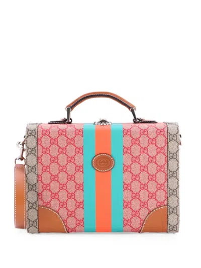 Pre-owned Gucci Savoy Top Handle Beauty Case Gg Coated Canvas With Leather Satchel In Brown