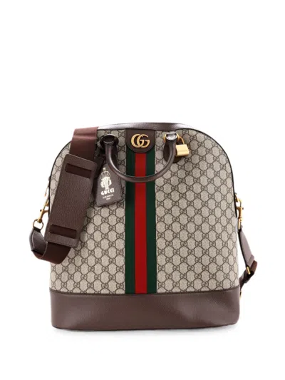 Pre-owned Gucci Savoy Web Bowling Tote Gg Coated Canvas And Leather Small Handbag In Brown