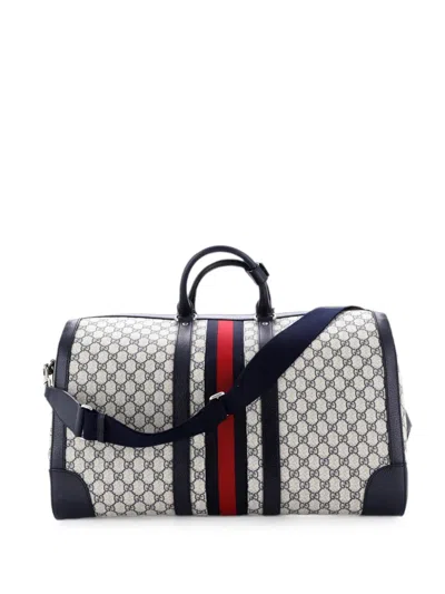 Pre-owned Gucci Savoy Web Convertible Duffle Bag Gg Coated Canvas Large Travel Bag In Blue