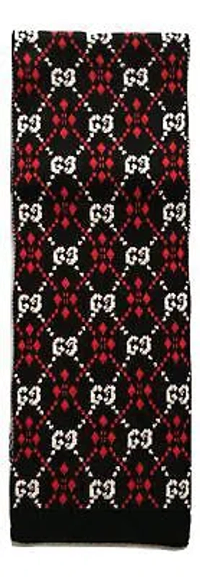 Pre-owned Gucci Scarf In Cotton And Unisex Wool Diamonds 547453 4g250 1078 25x180 Cm In Black - White - Red