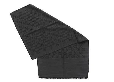Pre-owned Gucci Scarf Silk Wool Stole Dark Grey Gg Fringe Extraluxury Italy In Gray