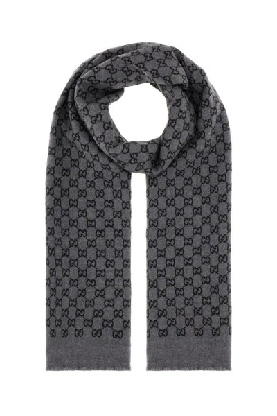 Gucci Wool Scarf With Embroidered Fringed Edges In Gray