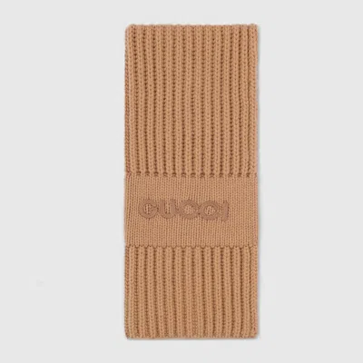 Gucci Wool Cashmere Scarf With Embroidery In Brown