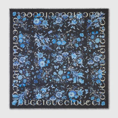 Gucci Floral Print Shawl In Blue