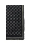 Gucci Men Grey Scarf With All-over Gg Motif And Fringed Hem In Wool Man In Black