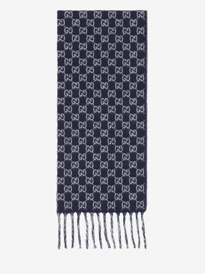 Gucci Wool And Cashmere Gg Scarf In Blue