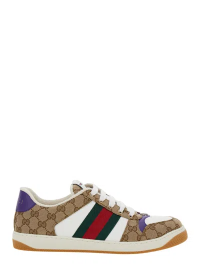 GUCCI GUCCI 'SCREENER' BEIGE LOW TOP SNEAKERS WITH WEB DETAIL AND ALL-OVER GG MOTIF IN LEATHER MAN