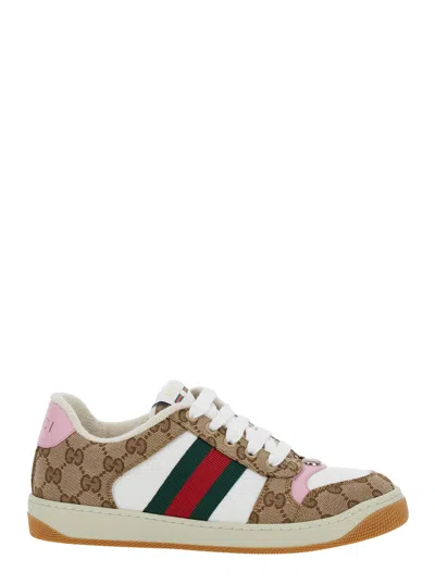 GUCCI GUCCI WOMEN 'SCREENER' BEIGE LOW TOP SNEAKERS WITH WEB DETAIL AND ALL-OVER GG MOTIF IN LEATHER WOMAN