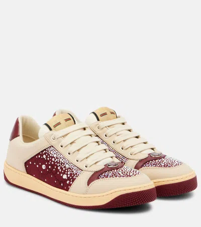 Gucci Screener Embellished Canvas And Leather Sneakers In Burgundy