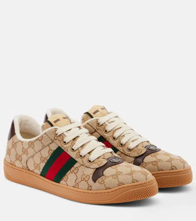 Gucci Leather Lace-up Sneakers With Web Side Detail And Interlocking G Toe Cap In Brown