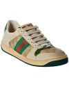 Gucci Screener Embellished Canvas-trimmed Distressed Leather Sneakers In Beige
