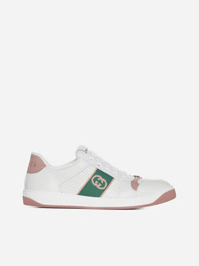 Gucci Screener Interlocking G皮革运动鞋 In White,pink