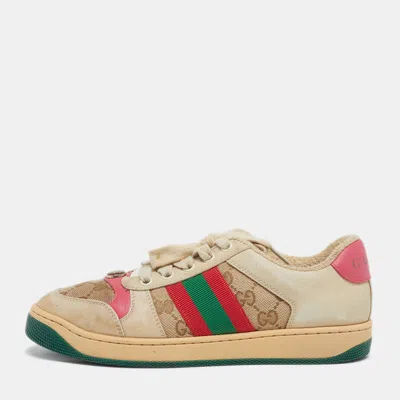 Pre-owned Gucci Screener Size 37 Cream/pink Gg Canvas And Leather Low Top Sneakers In White