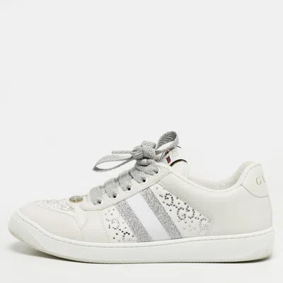 Pre-owned Gucci Screener Size 38 White Canvas And Leather Crystal Embellished Lace Up Sneakers