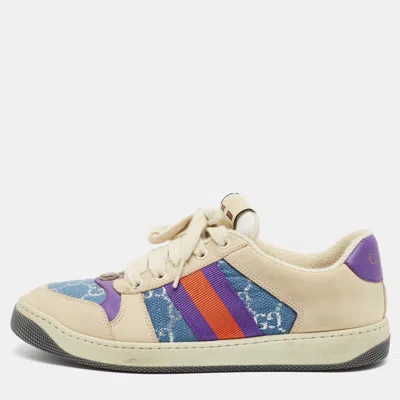 Pre-owned Gucci Screener Size 38.5 Multicolor Canvas And Nubuck Leather Lace Up Sneakers