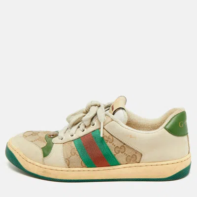 Pre-owned Gucci Screener Size 39 Beige/green Gg Canvas And Nubuck Leather Lace Up Sneakers In Sand