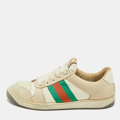 Pre-owned Gucci Screener Size 45 Beige Canvas And Nubuck Leather Web Low Top Sneakers In Sand