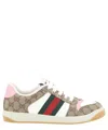 Gucci Screener Trainer In Gg Fabric And Pink Leather In Beige