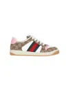 Gucci Screener Trainer In Gg Fabric And Pink Leather In Beige