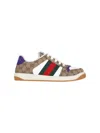 Gucci Screener Trainer In Gg Fabric And Purple Leather Men In Beige