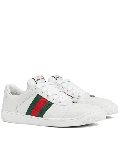 Gucci Leather Sneakers With Lateral Web Band In White