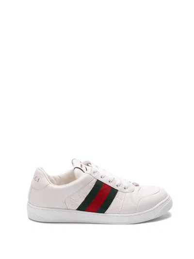 Gucci Leather Sneakers With Lateral Web Band In White