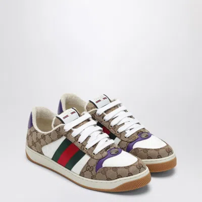 Gucci Screener Trainer In Gg Fabric And Purple Leather Men In Brown