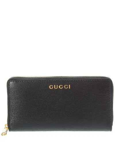 Gucci Script Logo Leather Zip Around Wallet In Black