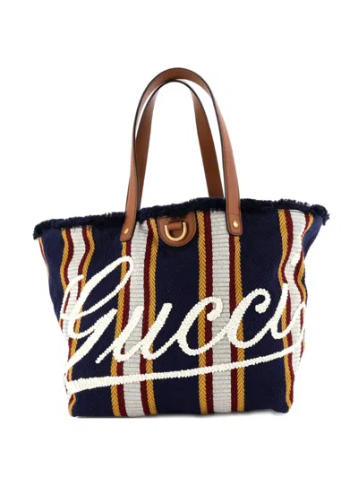 Pre-owned Gucci Script Open Embroidered Stripe Canvas With Leather Large Tote Bag In Blue