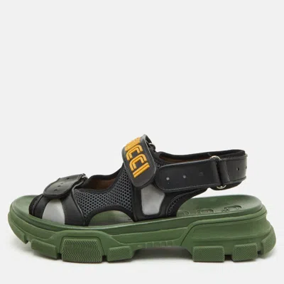 Pre-owned Gucci Sega Size 45 Black/green Leather And Mesh Velcro Slingback Flat Sandals