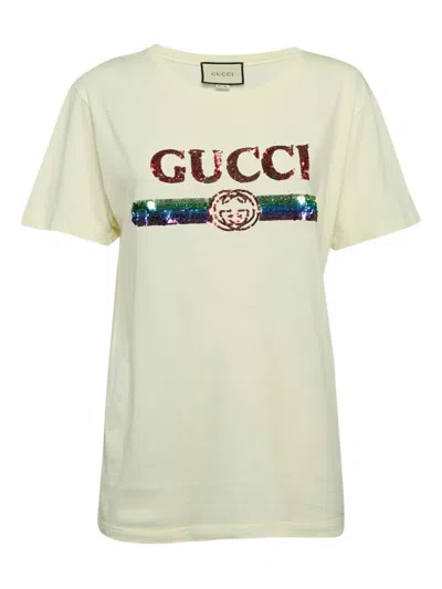 Pre-owned Gucci Sequin-embellished Logo Cotton T-shirt In Neutral