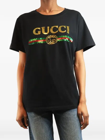 Pre-owned Gucci Sequin Logo T-shirt In Black