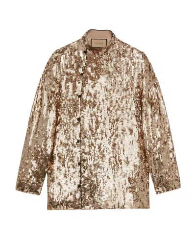 Gucci Sequined Embroidered Shirt In Nude