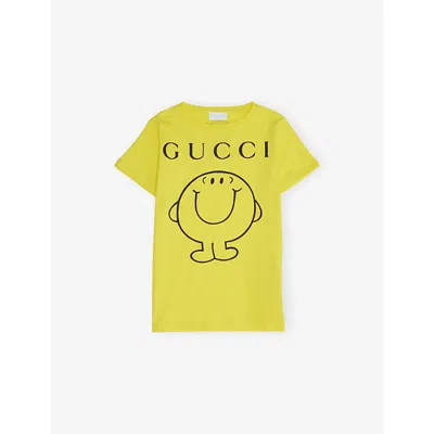 Gucci Kids' Shaddock/mc Mr. Happy Logo-print Cotton T-shirt 4- In Yellow