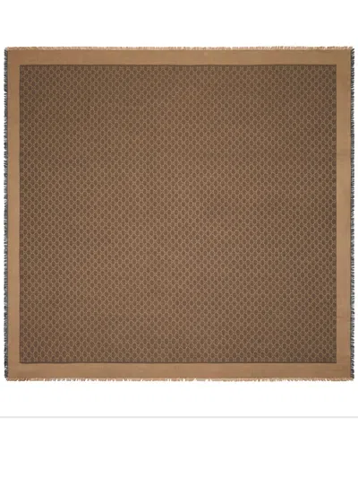 Gucci Shawl In Wool And Silk Gg In Brown