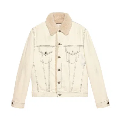 Pre-owned Gucci Shearling Lined Denim Jacket With Sketch Snake Print 'bleach' | Cream | Men's Size 52 In White