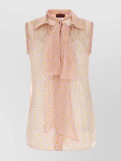Gucci Sheer Fabric Sleeveless Shirt With Bow Detail In Neutral