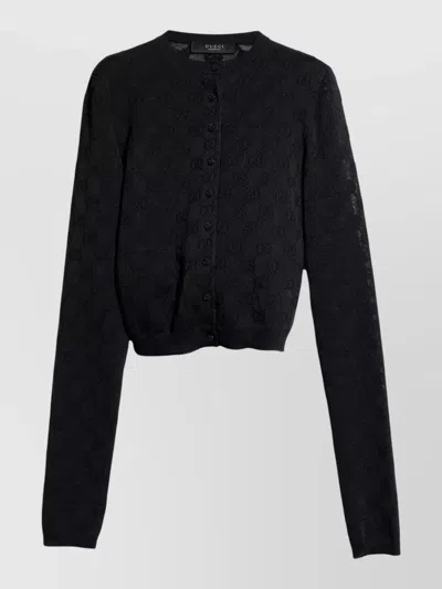 Gucci Sheer Knit Cardigan Ribbed Cuffs Hem In Black